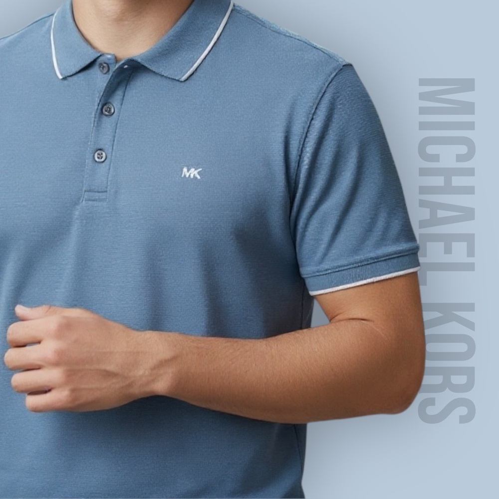 Michael Kors Mens Large Blue Short Sleeve Tipped Collar Polo Shirt NWT - Picture 1 of 10